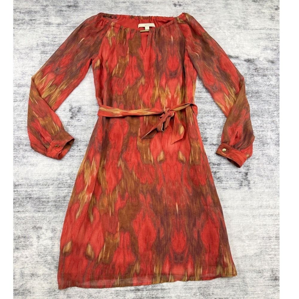 Banana Republic Heritage Ikat Print Split Neck Dress Gold Bar Detail Rust Size 2